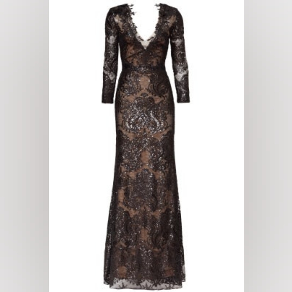 $1,500.00 MARCHESA NOTTE EXCL BLACK LACE BEAD RUNWAY GOWN S - Picture 6 of 14